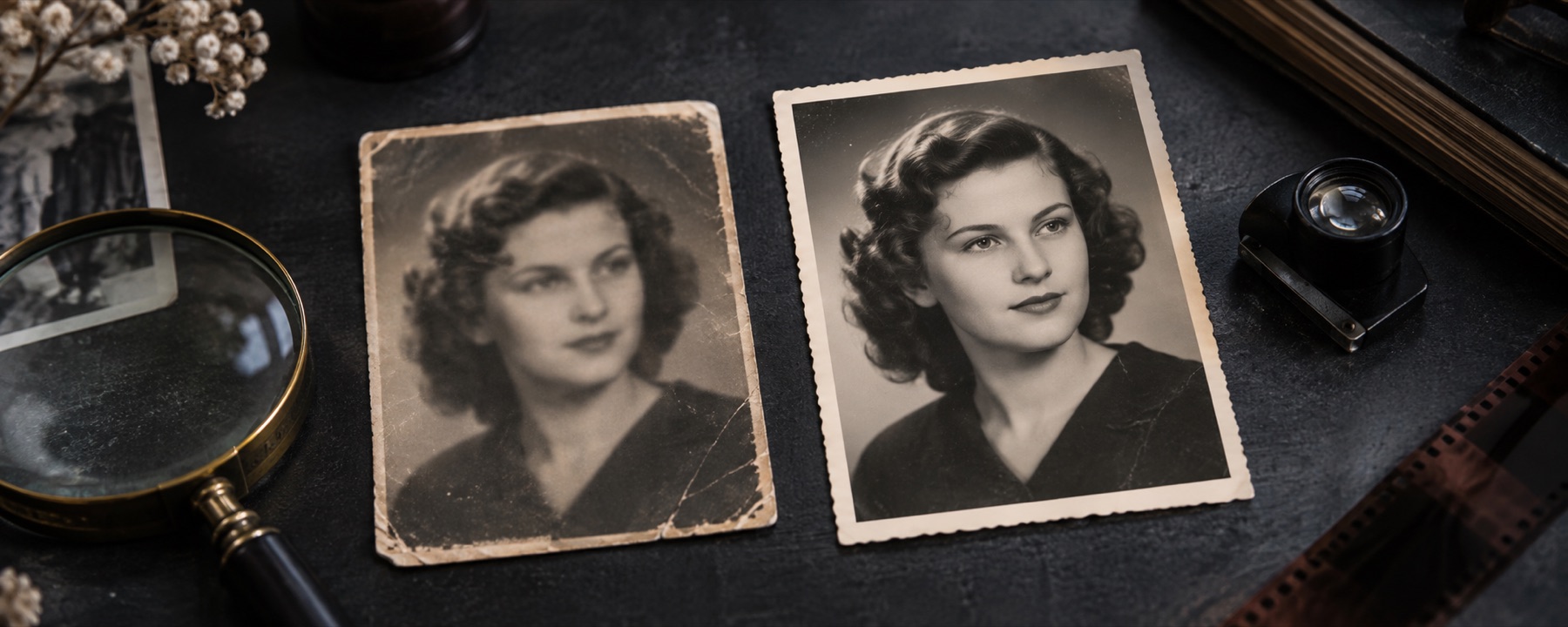 A soft vintage portrait print beside a clearer restored version under a photographic loupe.
